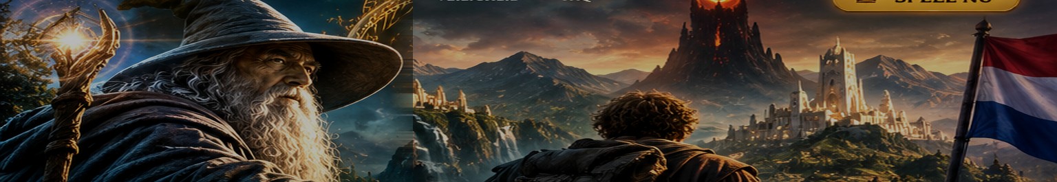 Episch fantasielandschap met bergen, een wijze reiziger en een gloeiende ring